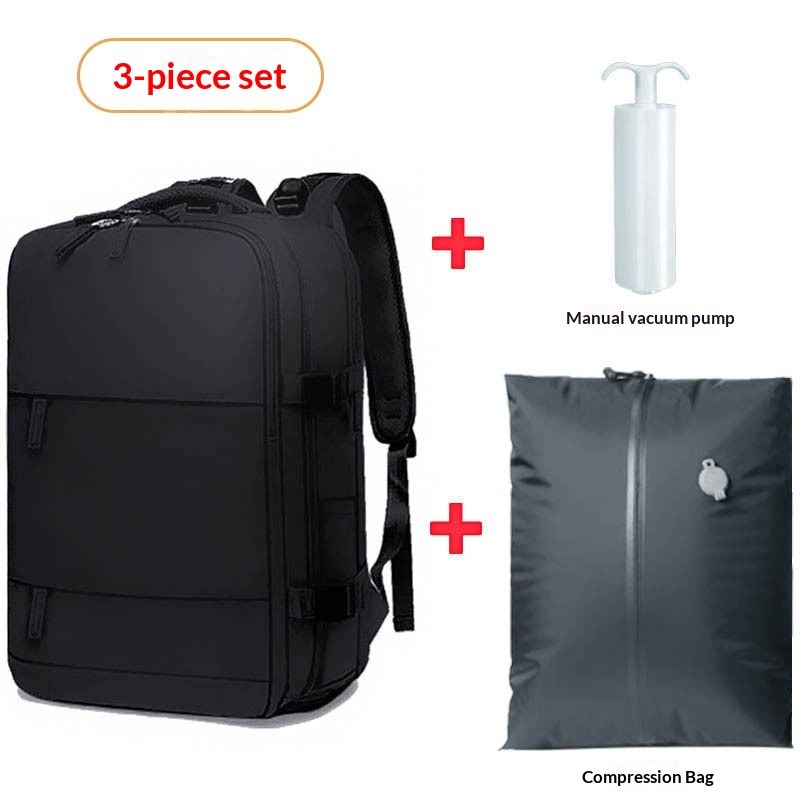 AirPack three-piece set in black: backpack, manual vacuum pump and airtight compression bag