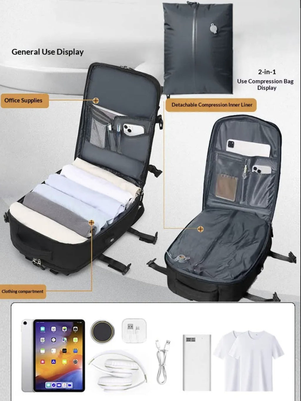 AirPack opened flat showing compressed folded clothing and the detachable compression inner liner