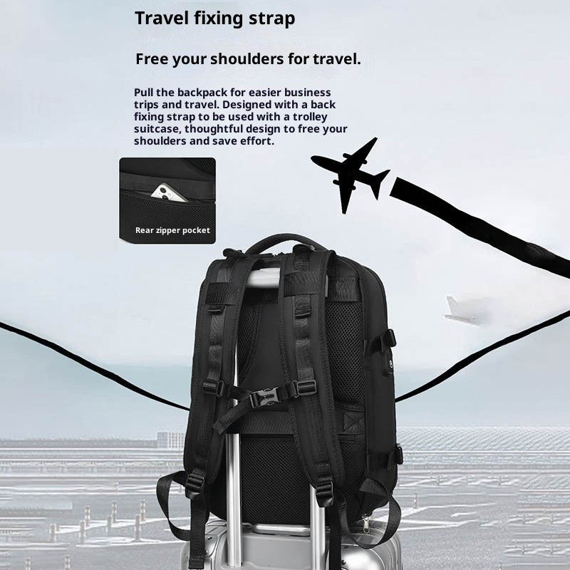 AirPack mounted on a trolley suitcase handle using the rear travel fixing strap