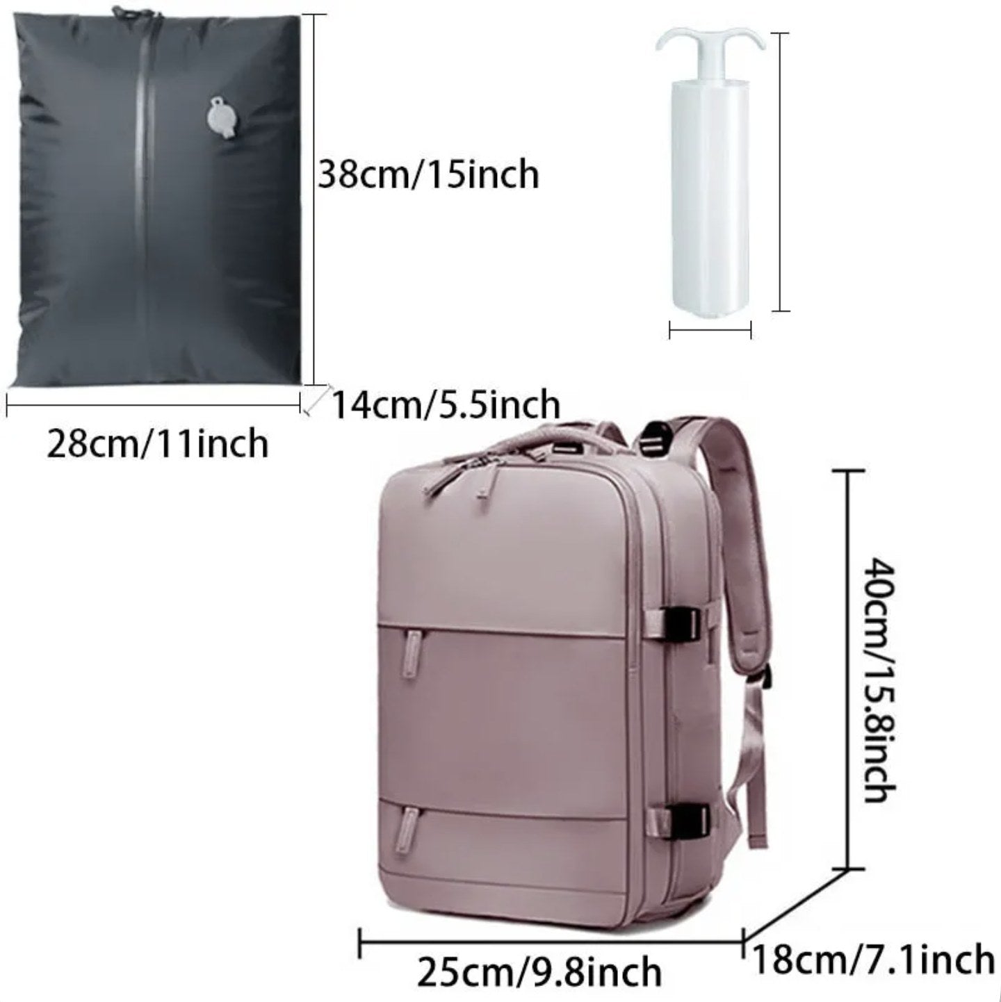 AirPack dimensions: 40 x 25 x 18 cm backpack and 38 x 28 cm compression bag