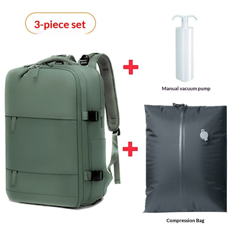 Voyat AirPack three-piece set in military green: backpack, manual vacuum pump and compression bag