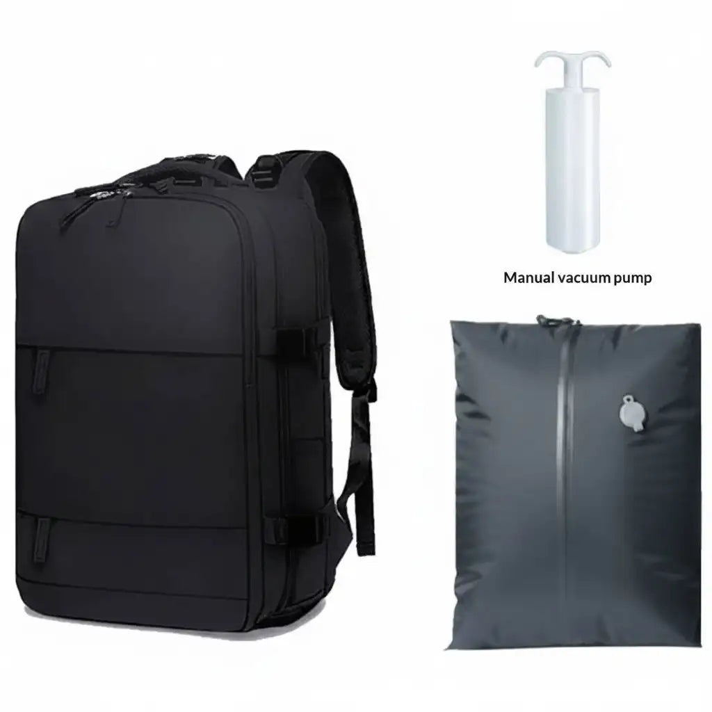 The three pieces of the Voyat AirPack set on a white ground: the backpack, the compression liner and the hand pump