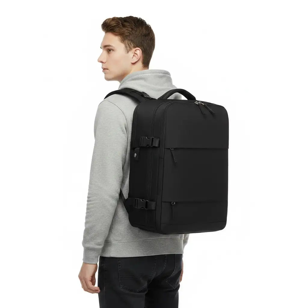 The AirPack carried on one shoulder in a concrete atrium